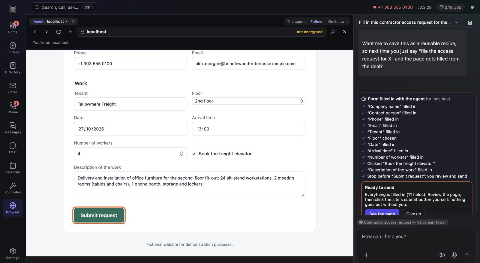 The built-in browser: a contractor access form filled in by the assistant from the deal's records, not submitted.