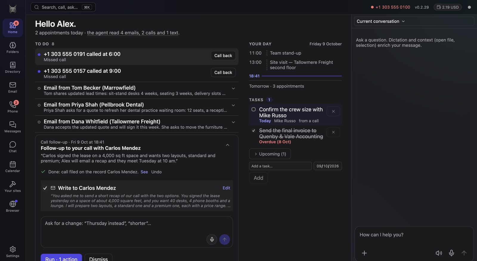The follow-up to a call on the Home screen: a summary, the call filed on the contact, and the recap email ready to send.