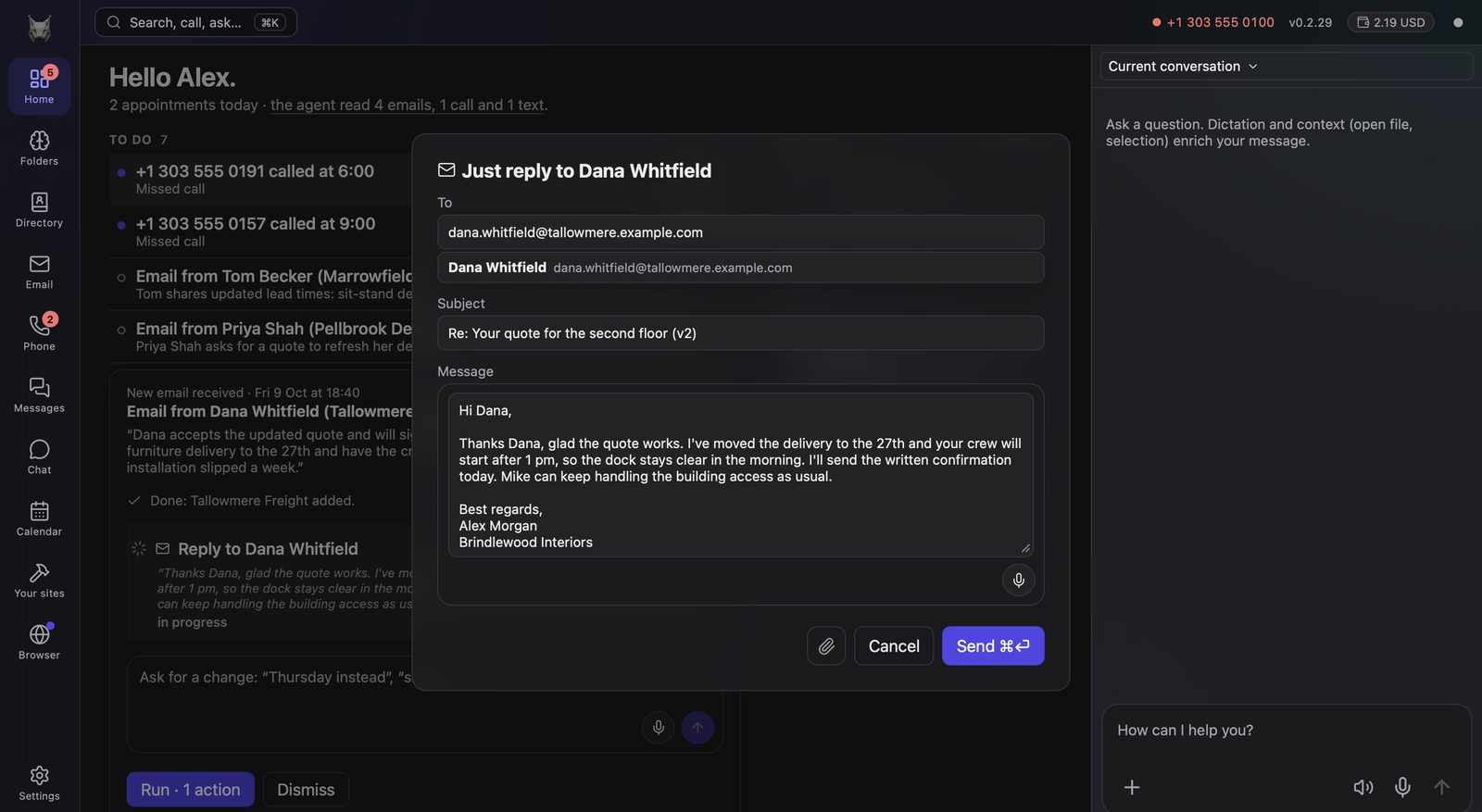 The “Just reply” window: the reply the assistant prepared for a customer, ready to review before sending.
