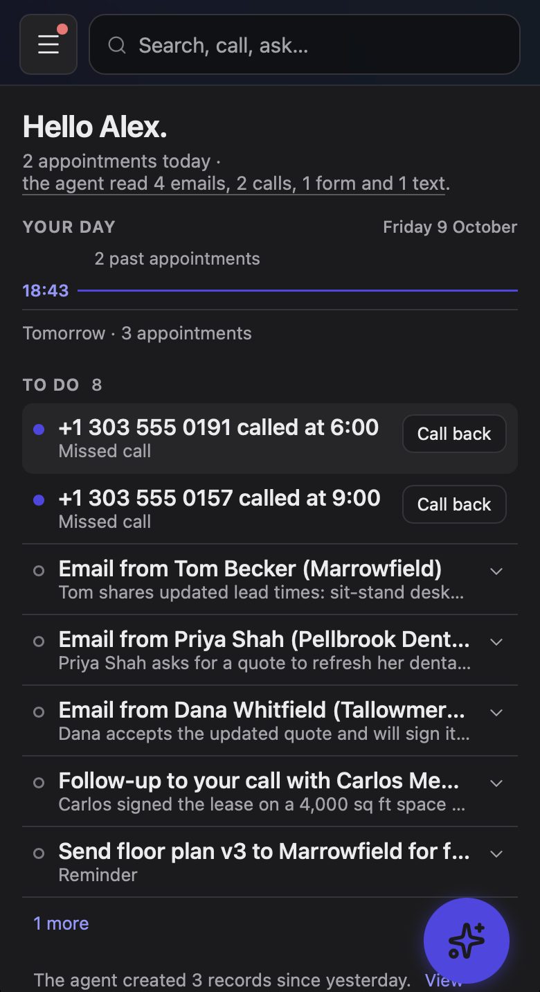 The app on a phone: the Home screen with the day ahead and what is waiting for you.